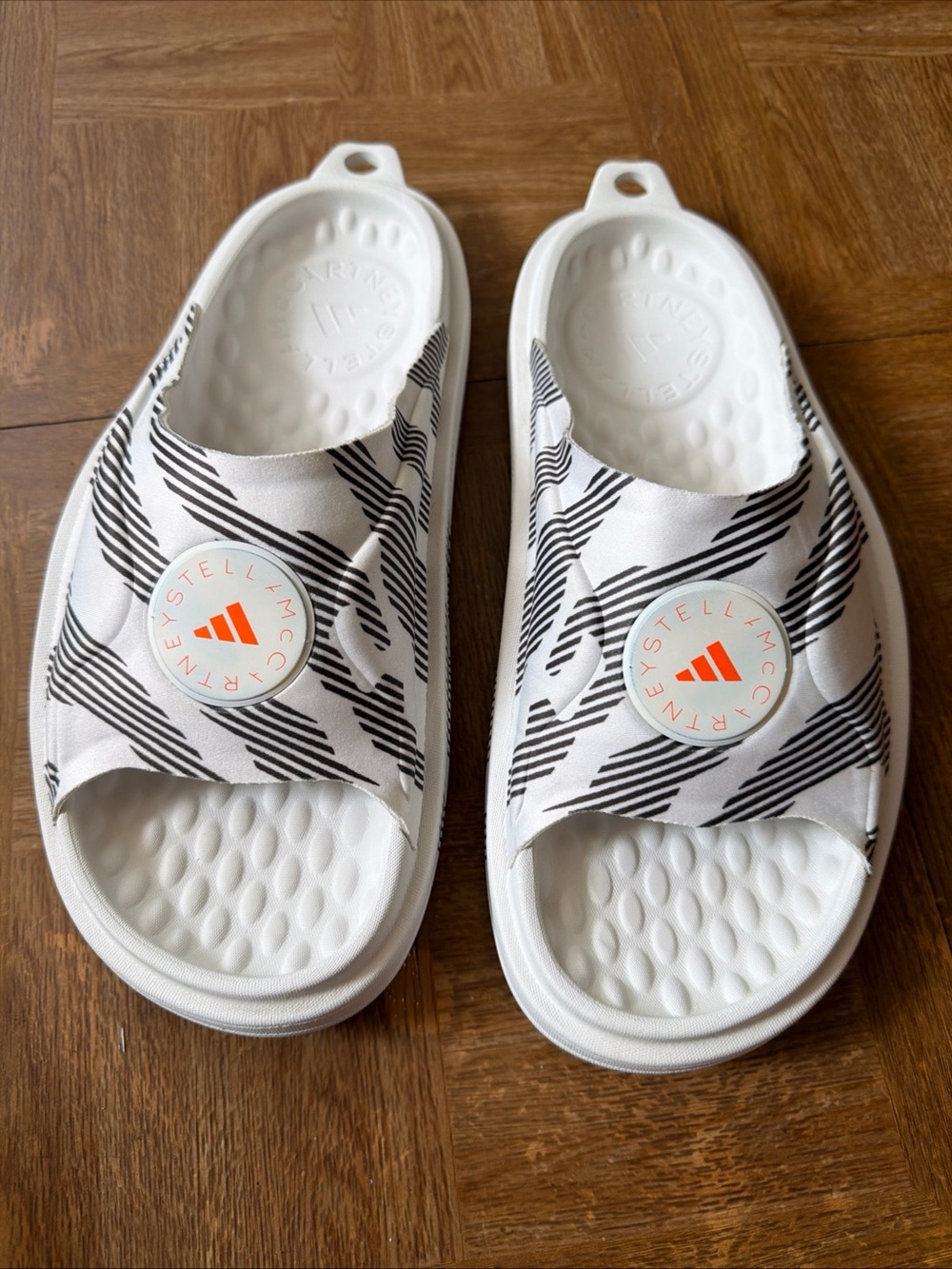 Adidas by Stella McCartney White & Black Slide Sandals with Orange Logo light